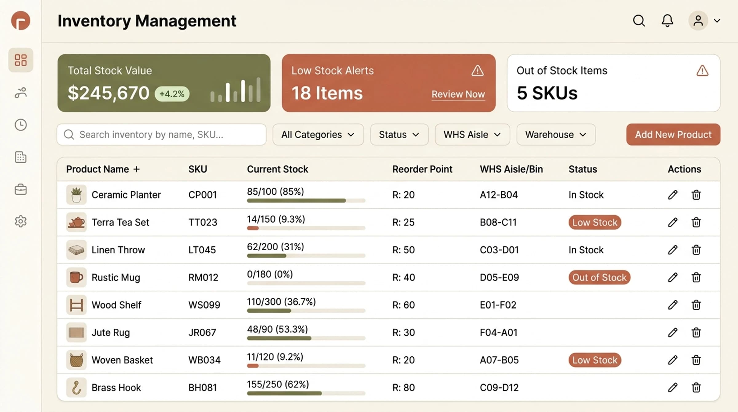 Catalog and inventory management interface mockup with stock metrics, low-stock alerts, SKU numbers, current stock units, and bin locations.
