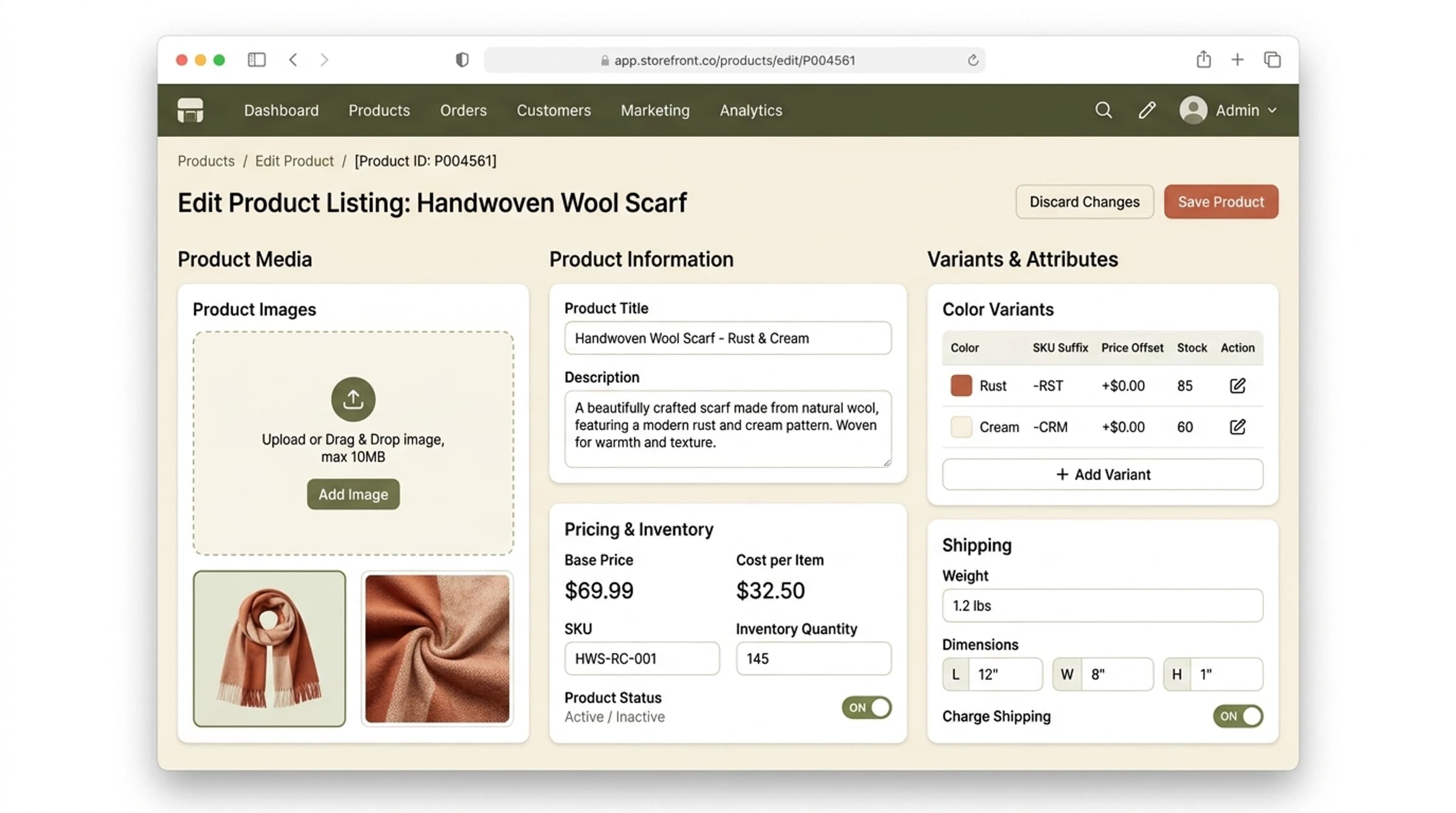 Shopify admin product listing editor mockup showing product image, SKU field, colour variants, price and inventory settings.
